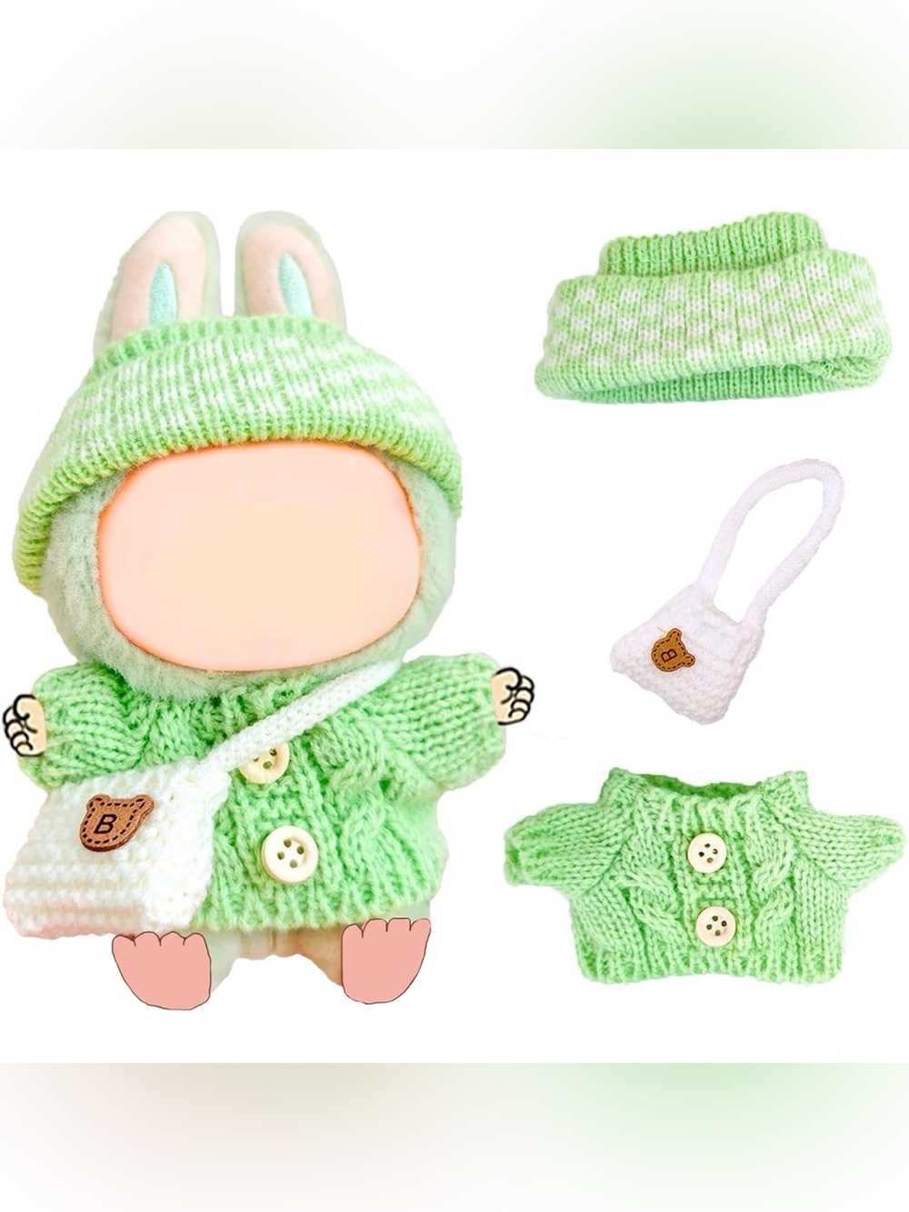 Doll Clothes for Labubu 17cm, Hand-Crocheted Green Sweater Outfit Set